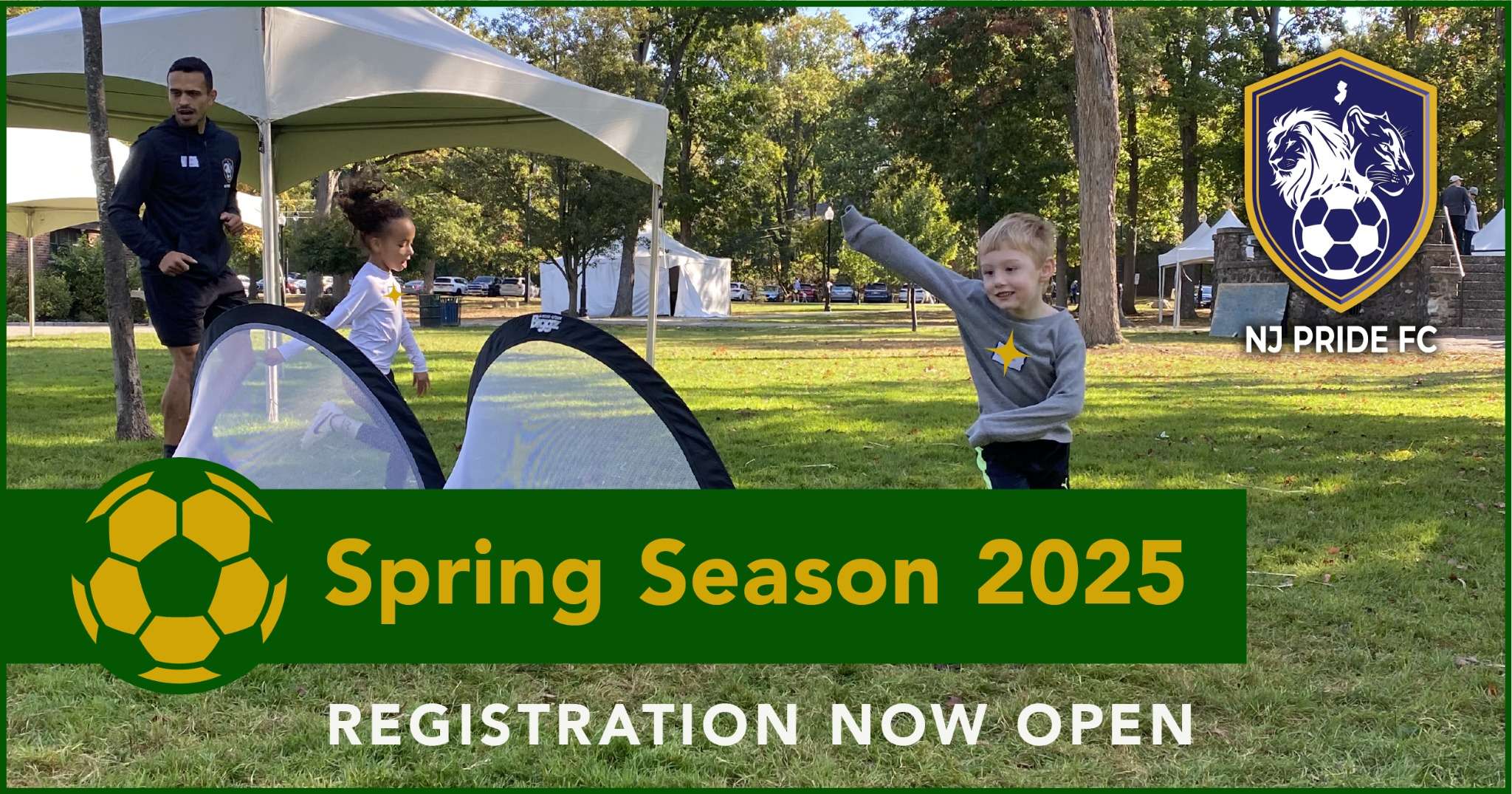 Young children playing soccer with small pop-up goals during NJ Pride FC spring season practice, with a coach guiding the session in a park setting.