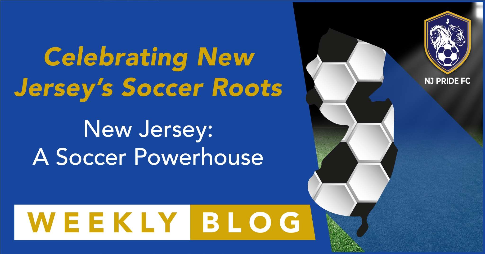 Graphic of New Jersey shaped like a soccer ball on a lit stadium field, representing the state’s rich soccer history and powerhouse status.