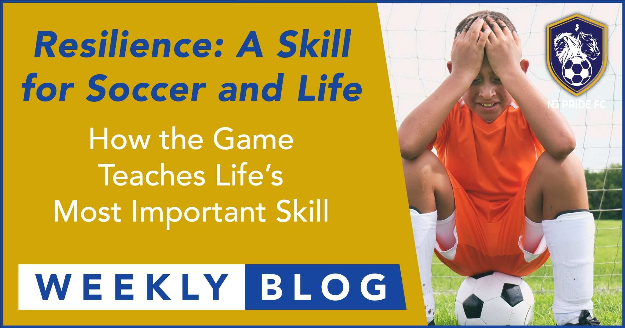 Young soccer player in orange uniform sitting with hands on head after a tough moment during a game, symbolizing how soccer teaches resilience.