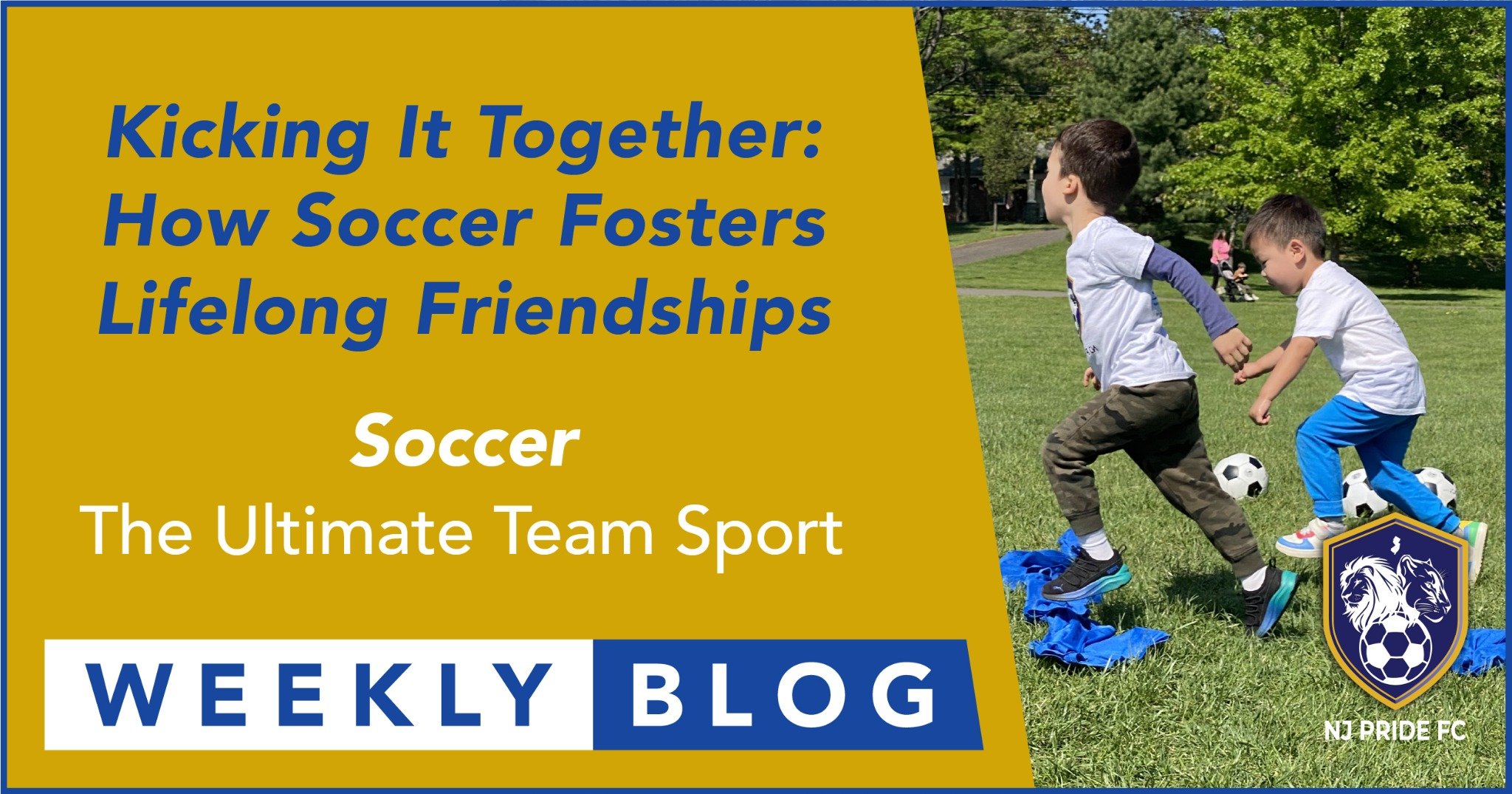 Two young children holding hands and running together during NJ Pride FC soccer class, symbolizing friendship, teamwork, and joy.