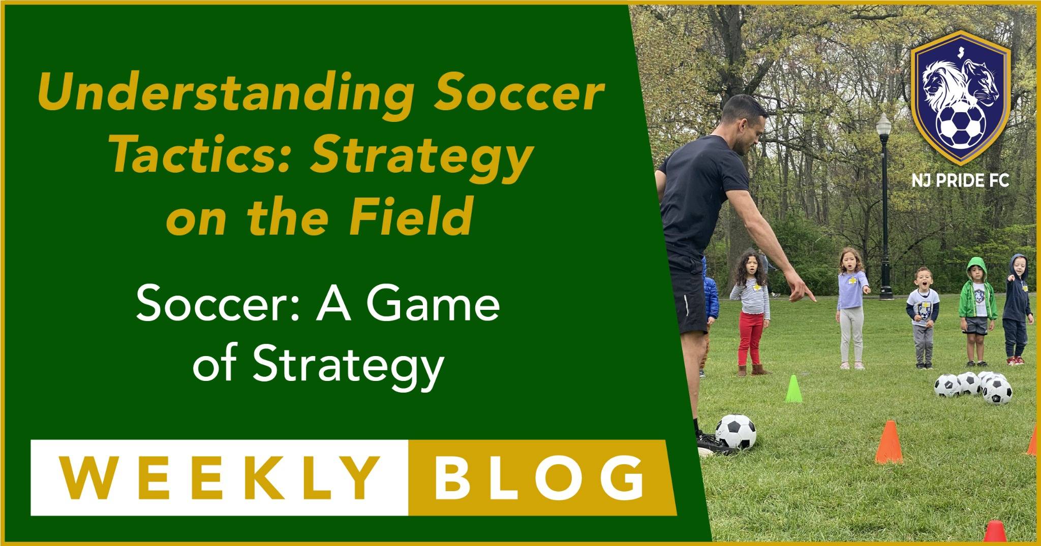 Coach instructing a group of young players during a tactical soccer drill with cones and soccer balls on a grassy field at NJ Pride FC.
