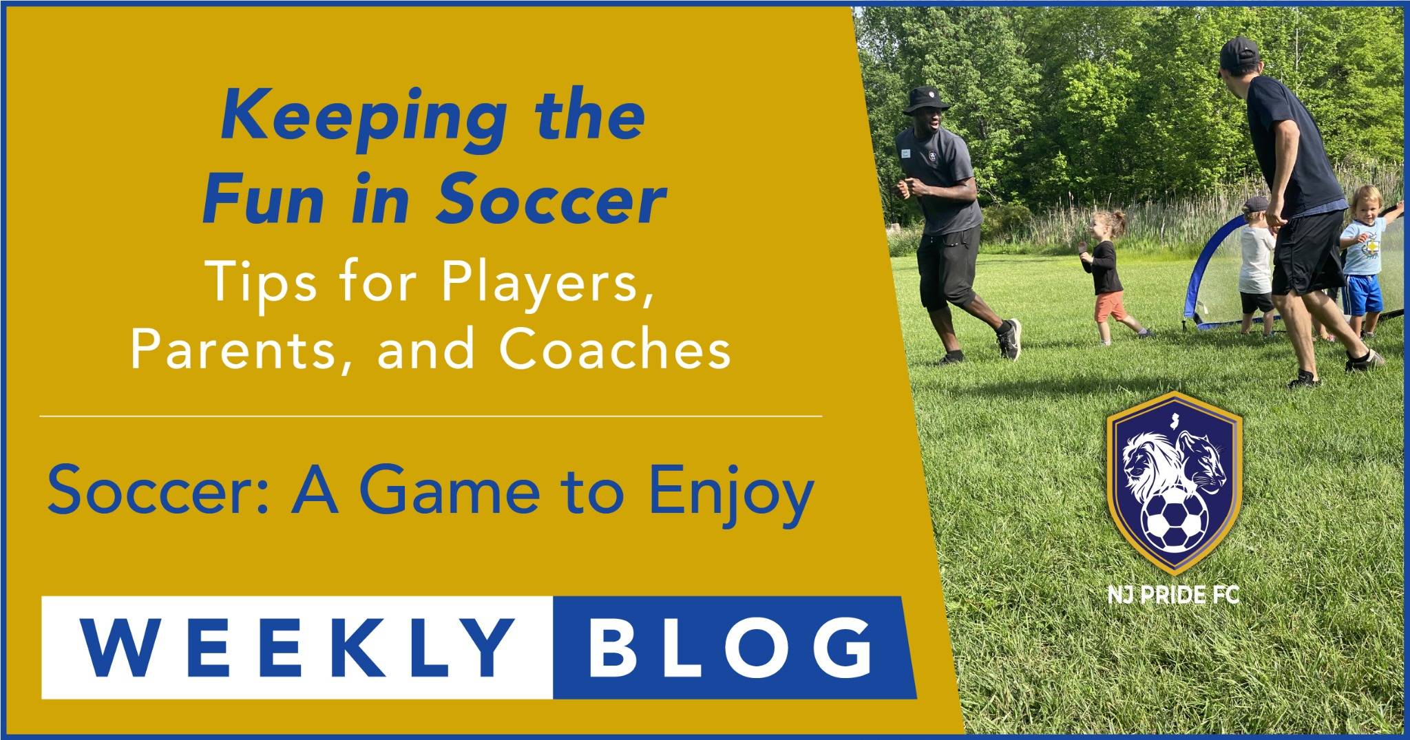 Young children and coaches playing a fun game together during an NJ Pride FC soccer class, emphasizing joy and engagement in learning the sport.