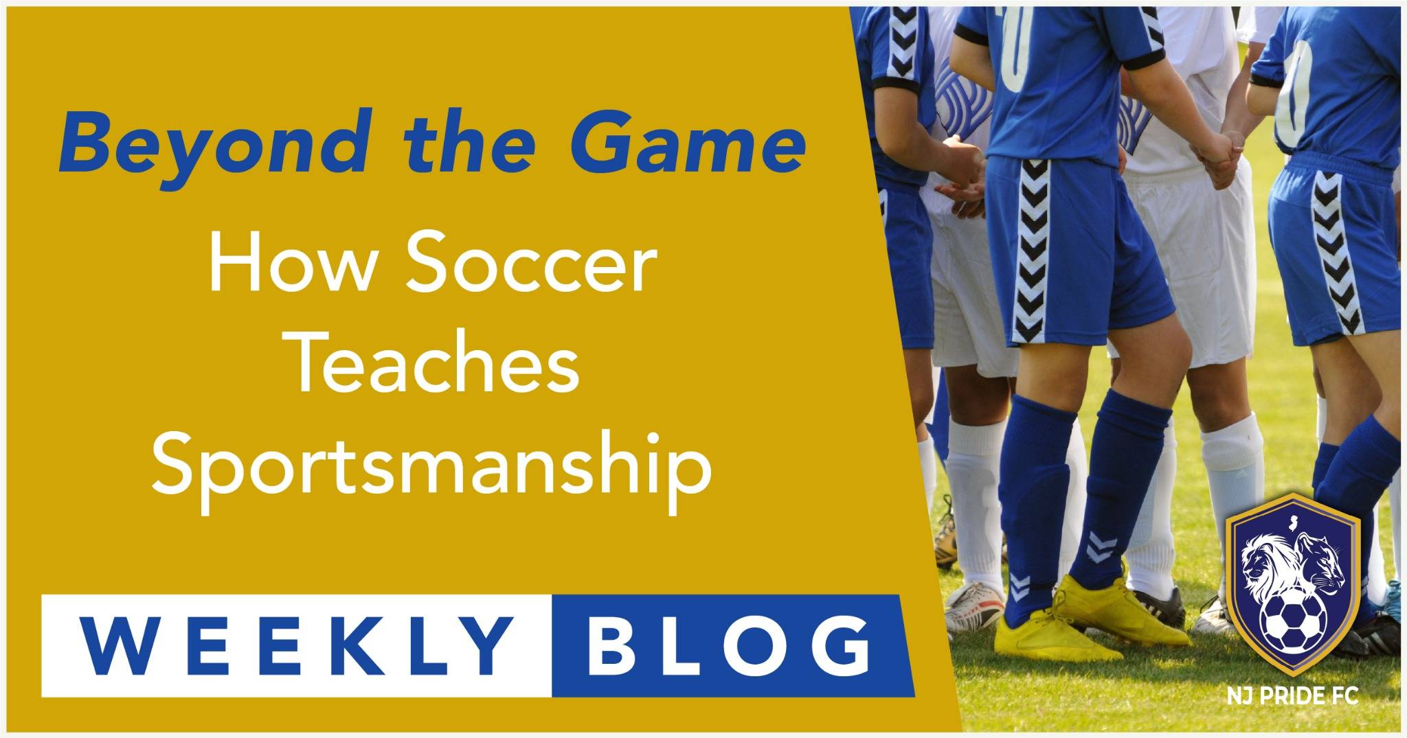 Two youth soccer teams in blue and white uniforms holding hands before a match, showing respect and sportsmanship—NJ Pride FC.