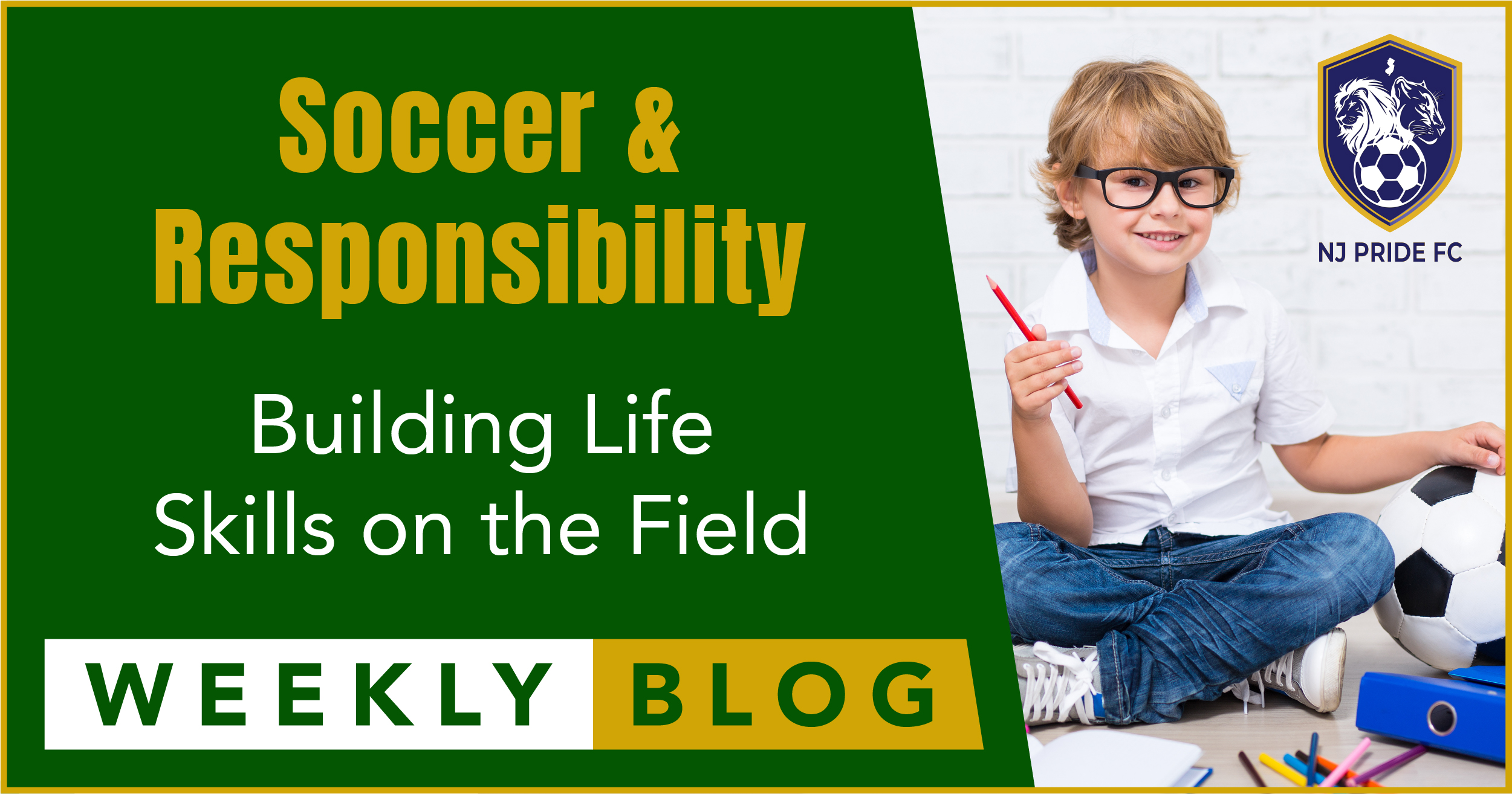 Young boy sitting with a soccer ball and school supplies, symbolizing how NJ Pride FC uses soccer to teach responsibility and life skills.